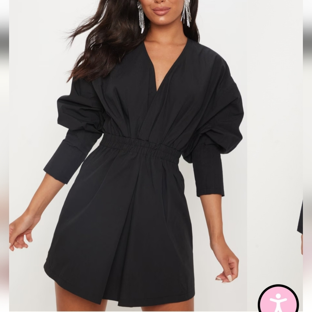 PRETTYLITTLETHING BLACK PLUNGE RUCHED SHIRT DRESS SIZE 8 NWT